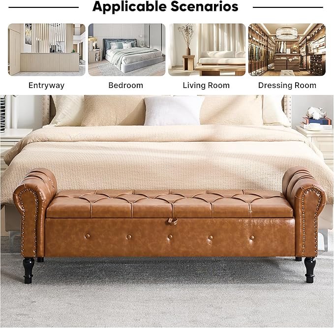 Storage Bench for Bedroom, Faux Leather 67" End of Bed Bench, King Size Bench - Image 7
