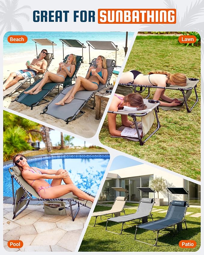 KingCamp Lounge Chair with face Hole & Canopy Shade, 400LBS Folding Portable - Image 10