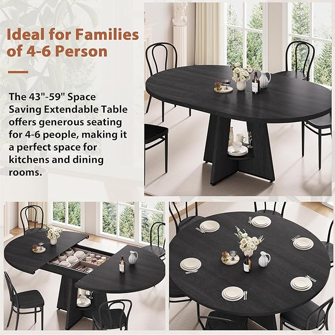 43''–59'' Extendable Dining Table, Round Kitchen Dining Room Dinner Table - Image 8