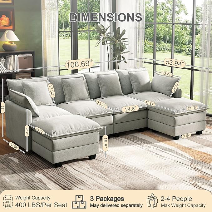 107" Cloud Couch Sectional, U Shaped Modular Sectional Sofa, 4-Seat Deep Seat - Image 2