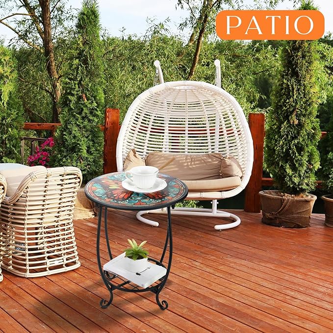 Cinnvoice Outdoor Side Table Round Small Mosaic Patio Accent Indoor End Plant - Image 4
