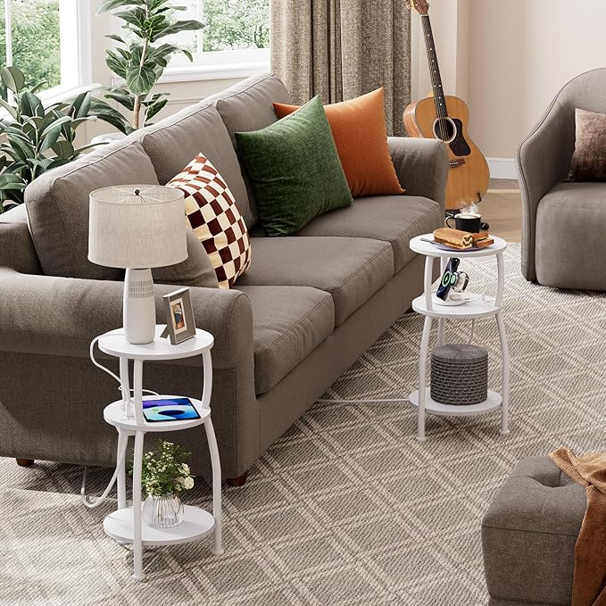 Round Side Table with Power Outlet & USB Ports, 3-Tier End Table with Storage - Image 6