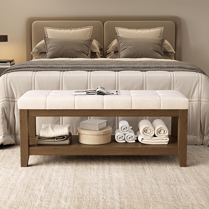 ABHENG Solid Rubber Wood Shoe Bench, Soft Chenille Material Upholstered Seat by Liveinacomfortablehome