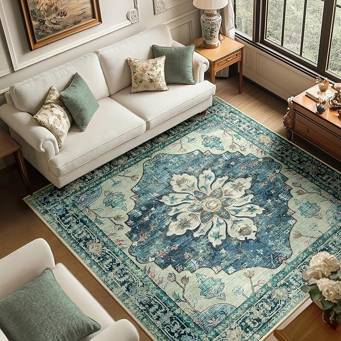RELEANY Area Rugs Square 6ft Washable Non-Slip, Floral Vintage Distress Print by RELEANY