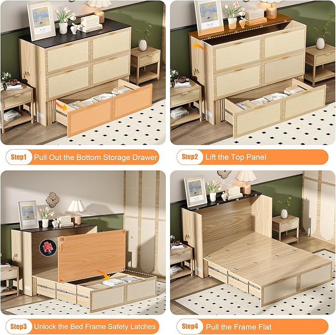 VINGLI Full Size Rattan Murphy Bed - Image 8