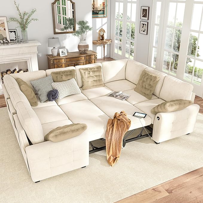 Hanherry Sectional Couch with Pull Out Sofa Bed, Chenille Sleeper Sofa with 2 by Hanherry