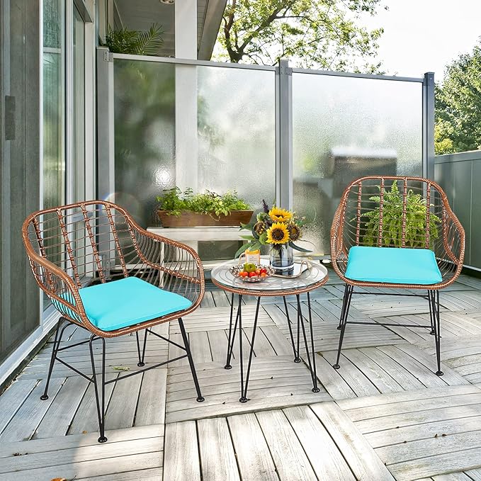 Tangkula 3 Pieces Patio Conversation Bistro Set, Outdoor Wicker Furniture - Image 2