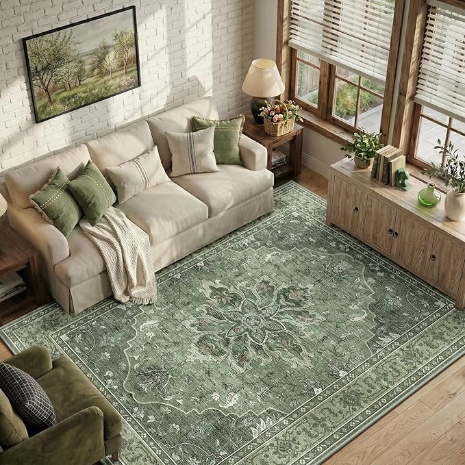 RELEANY Area Rugs 6'x8' Washable Non-Slip, Floral Vintage Distress Print by RELEANY