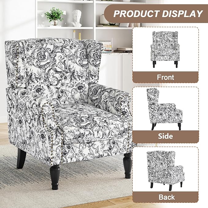 Pia Ricco Set of 2 Floral Accent Chairs, High Back Upholstered Armchairs - Image 3