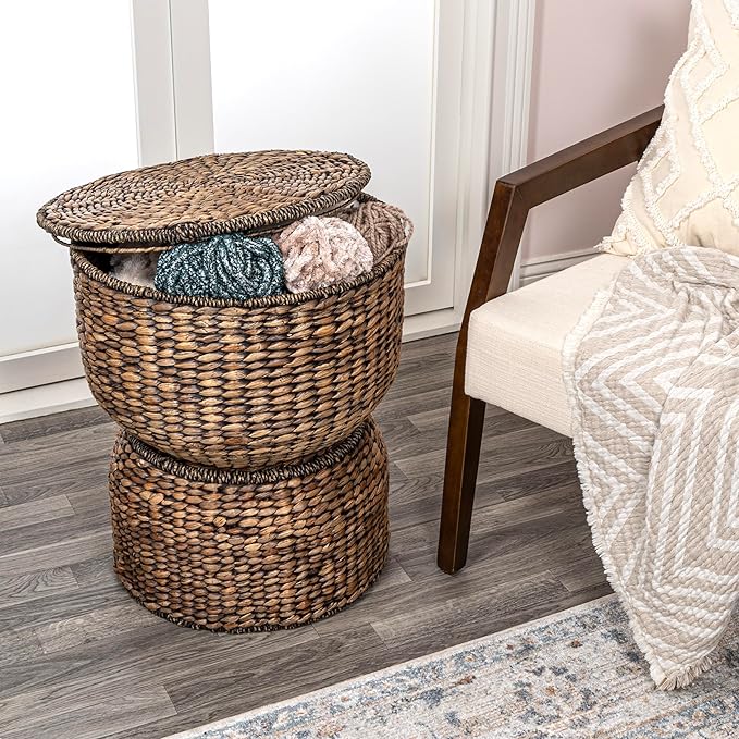 happimess SAT1000B Bhola 18" Hourglass Handwoven Hyacinth Storage Accent Table - Image 7