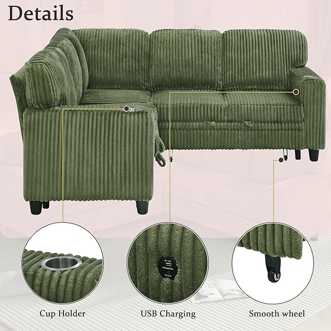 L-Shaped Sectional Couch with Storage and Pull Out Bed, Convertible Sofa Bed - Image 7