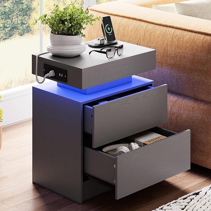 LIKIMIO Night Stand with Charging Station, Modern Grey Nightstand with LED by LIKIMIO