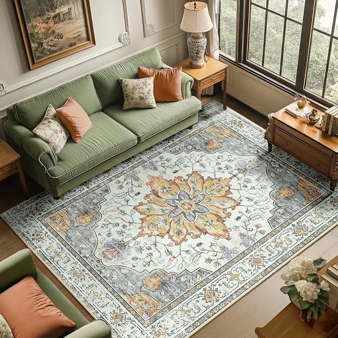 RELEANY Area Rugs 6'x9' Washable Non-Slip, Floral Vintage Distress Print by RELEANY