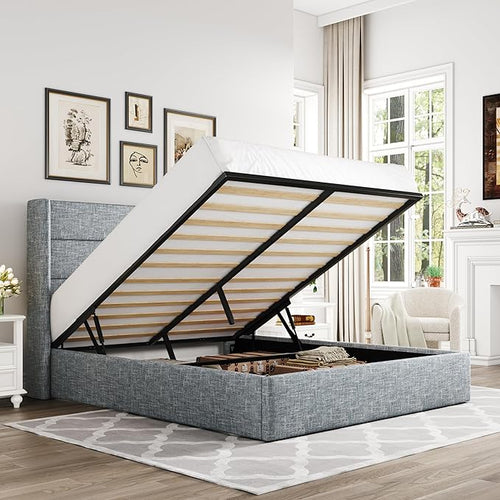Allewie Full Size Lift Up Storage Bed, Modern Wingback Headboard, Hydraulic by Allewie