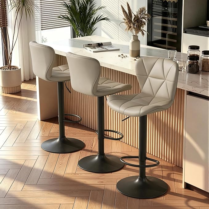 Nalupatio Modern Bar Stools Set of 3, Adjustable Faux Leather Upholstered by Nalupatio