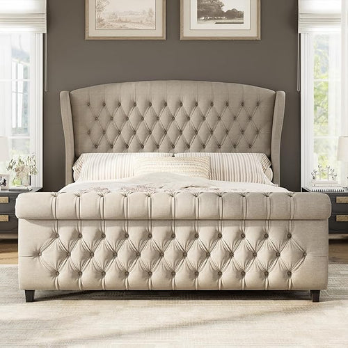 AMERLIFE California King Size Platform Bed Frame, Linen Upholstered Sleigh Bed by AMERLIFE