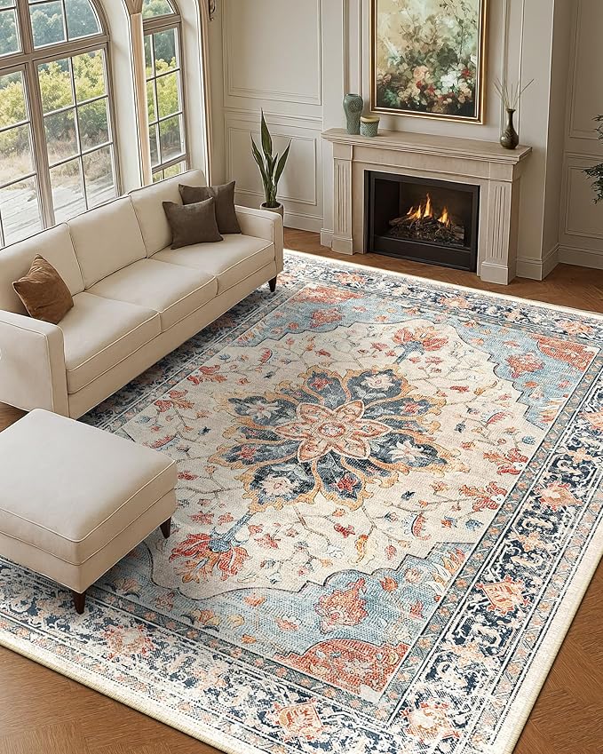 RELEANY Area Rugs 9'x12' Washable Non-Slip, Floral Vintage Distress Print by RELEANY