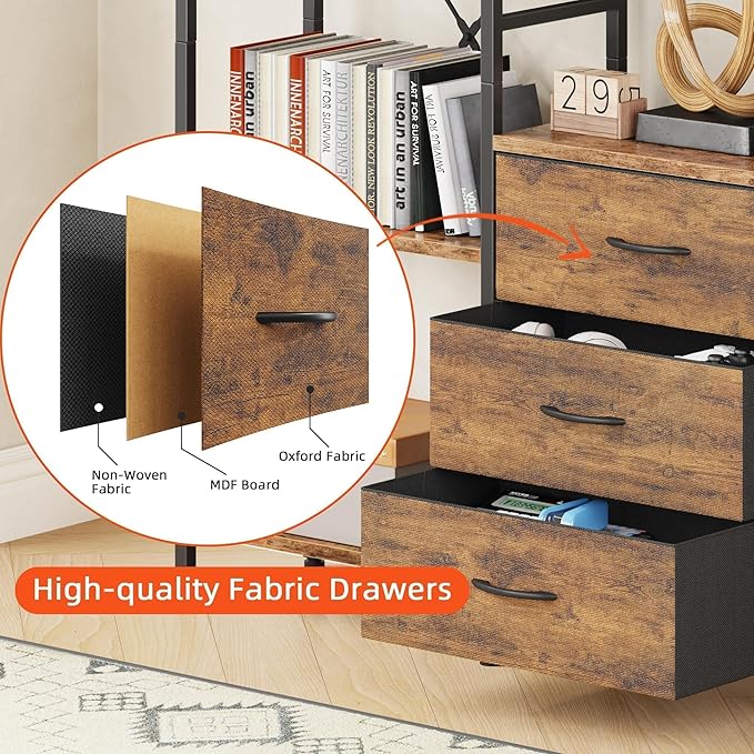 AFLUI Triple Bookshelf with 3 Fabric Drawers, 4-Tier Book Shelf and 10 Display - Image 4