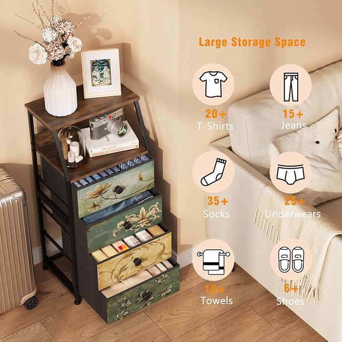 Tohomeor Dresser with Fabric Drawers Nightstand with 2 Tier Shelf Storage Tower - Image 4