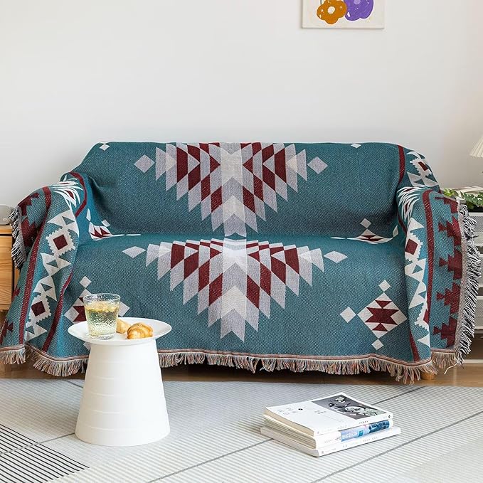 VClife Boho Couch Cover Soft Cotton Linen Blue Red Gray Triangle Plaid by VCLIFE