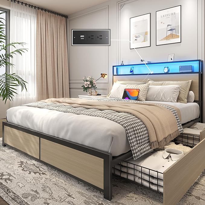 Lifezone Queen Bed Frame with 2-Tier Storage Headboard, Metal Platform Bed by Lifezone