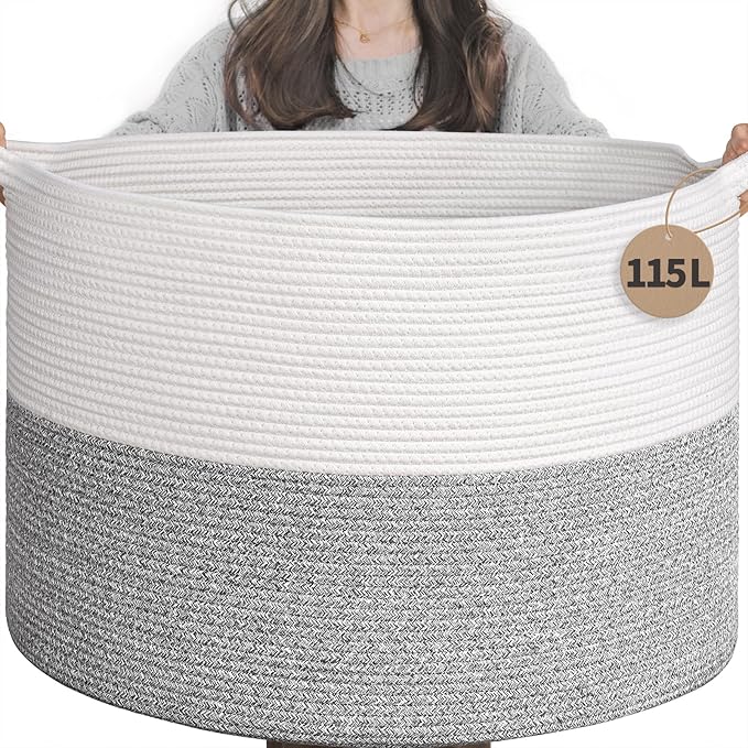 INDRESSME 115L Extra Large Blanket Basket, Soft Cotton Rope Storage Basket by INDRESSME