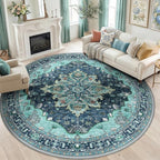 RELEANY Area Rugs Round 8ft Washable Non-Slip, Floral Vintage Distress Print by RELEANY