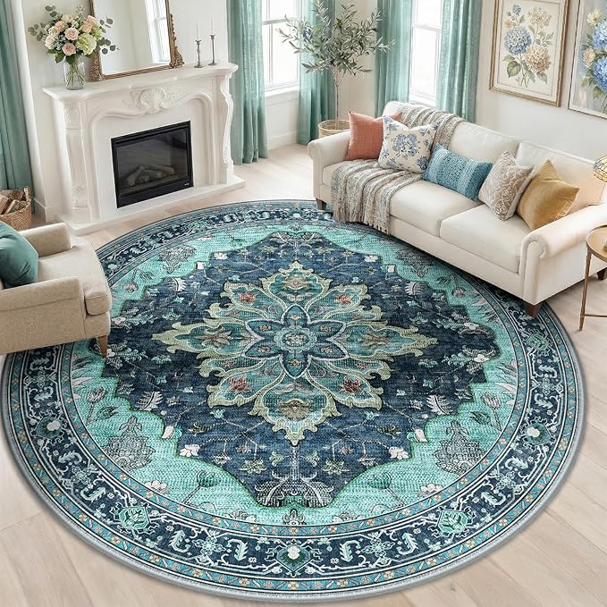 RELEANY Area Rugs Round 8ft Washable Non-Slip, Floral Vintage Distress Print by RELEANY