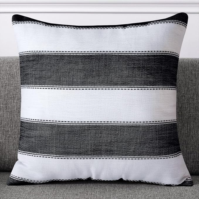 AmHoo Pack of 2 Farmhouse Stripe Check Throw Pillow Covers Set Case Cotton - Image 2