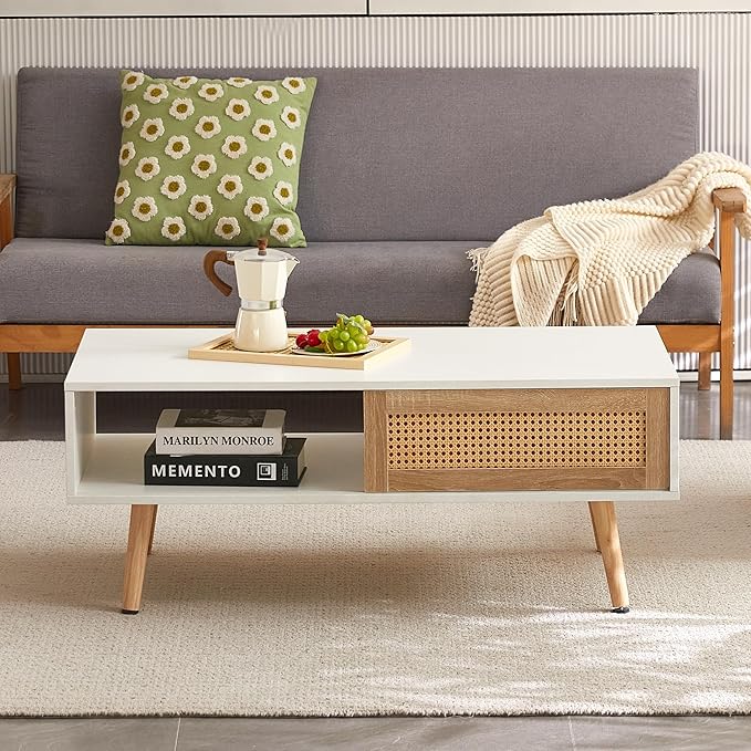 Boho Coffee Table for Living Room, 41.3" Rattan Coffee Table by YOUGUO