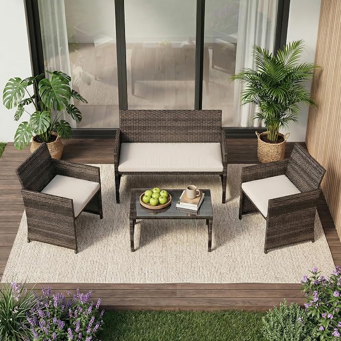Garvee 4-Piece Patio Furniture Set, PE Rattan Outdoor Conversation Set by Garvee