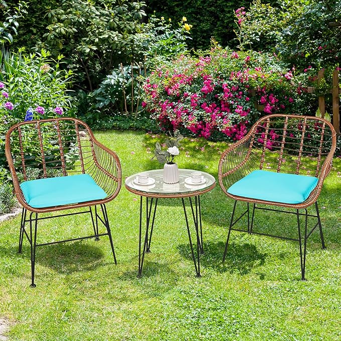 Tangkula 3 Pieces Patio Conversation Bistro Set, Outdoor Wicker Furniture - Image 4