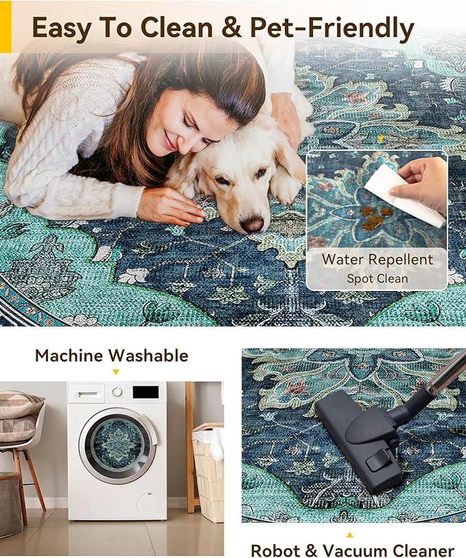RELEANY Area Rugs Round 7ft Washable Non-Slip, Floral Vintage Distress Print - Image 4