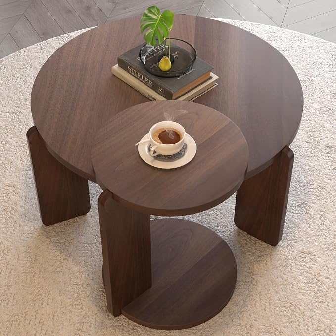 GDFStudio Round Nesting Coffee Table Set of 2, Modern Wooden Accent Side Table - Image 5