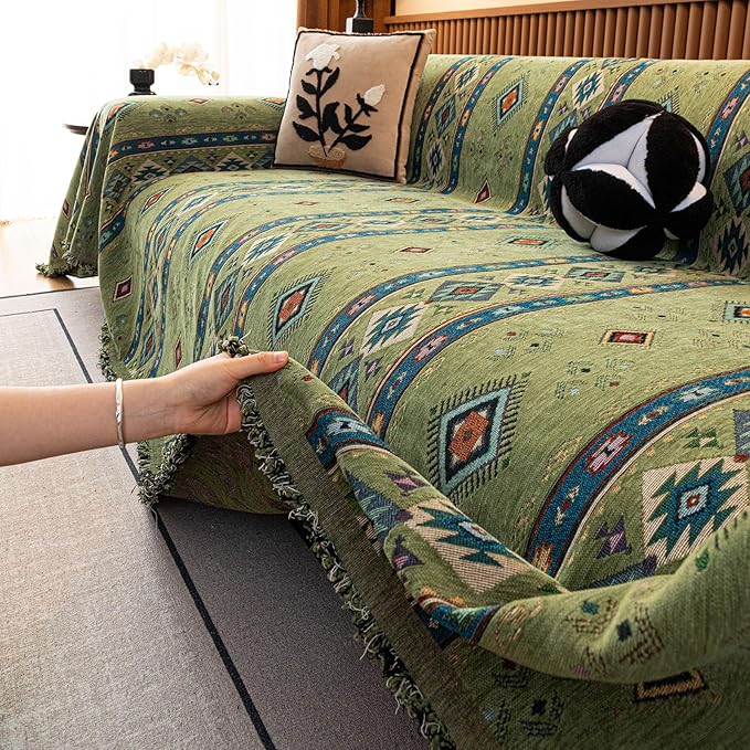 VClife Bohemian Couch Cover, Vintage Moroccan Tribal Geometric Chenille Couch - Image 6