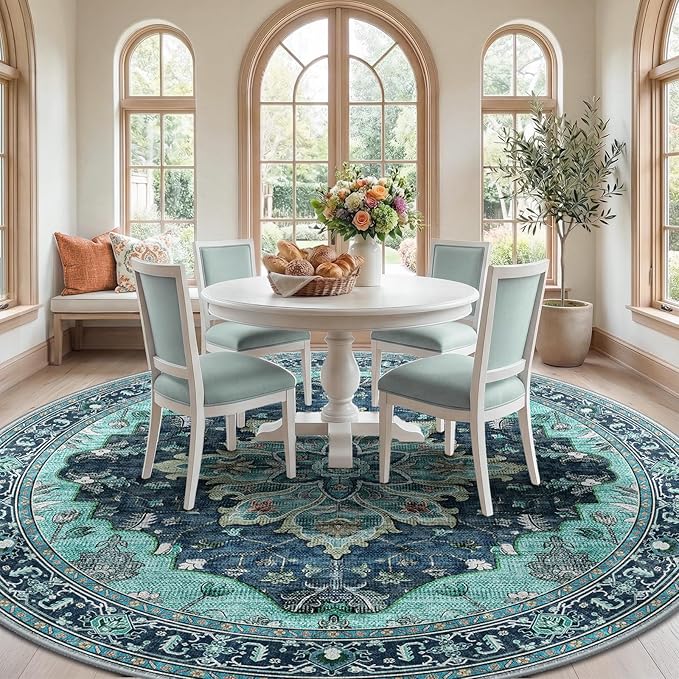 RELEANY Area Rugs Round 8ft Washable Non-Slip, Floral Vintage Distress Print - Image 2