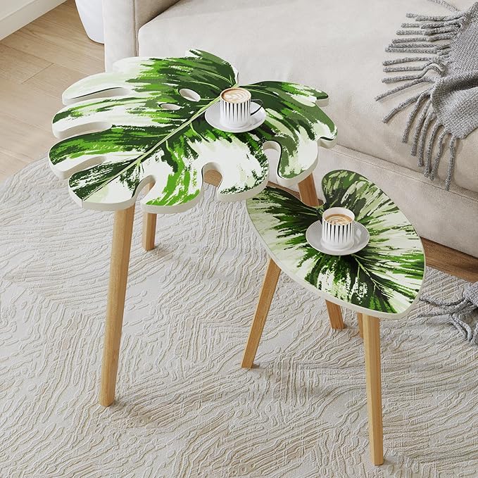 BAMEOS Monstera Leaf Nesting Tables Set of 2, Small Side Tables f Set - Image 2