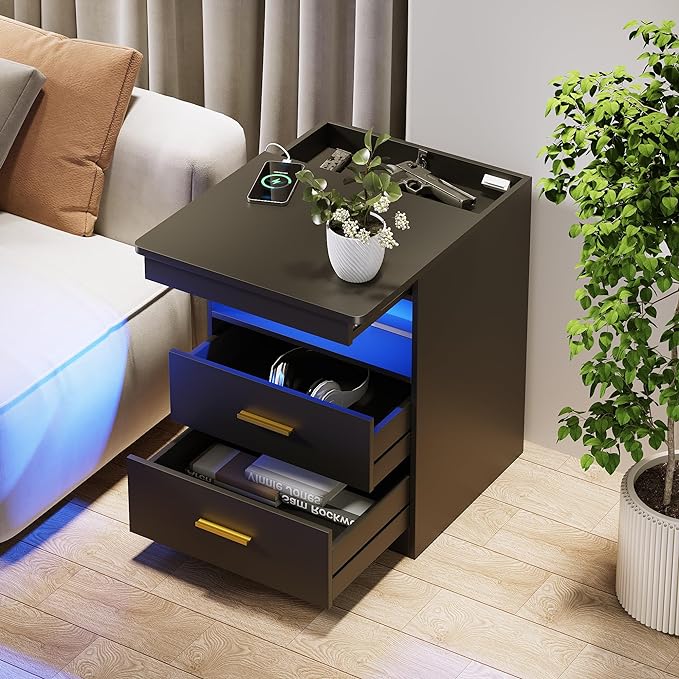 Night Stand with Gun Drawer, Charging Bedside Table with USB & Type-C Port - Image 5
