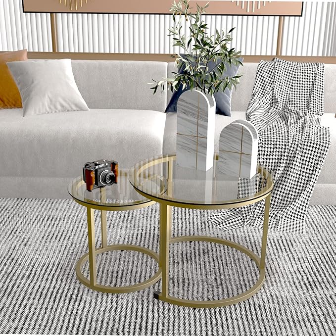 aboxoo Gold Nesting Coffee Table Set of 2, Small Glass Round Nesting Tables - Image 2