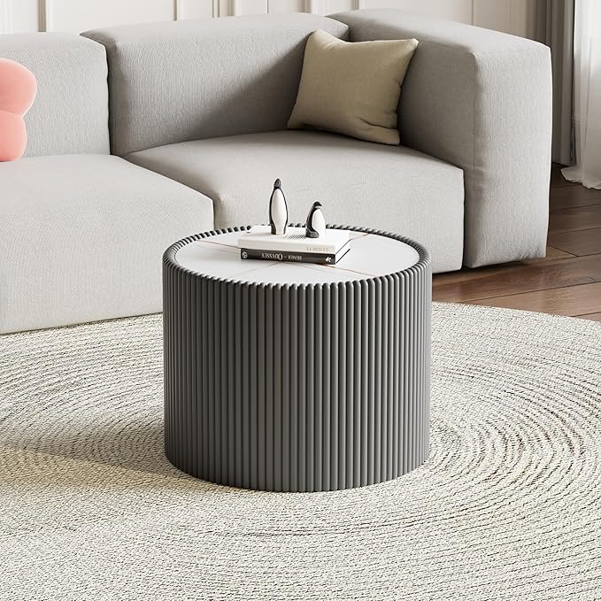 SSLine Round Drum Coffee Table Modern Sintered Stone Top Side End Table in Grey - Image 2