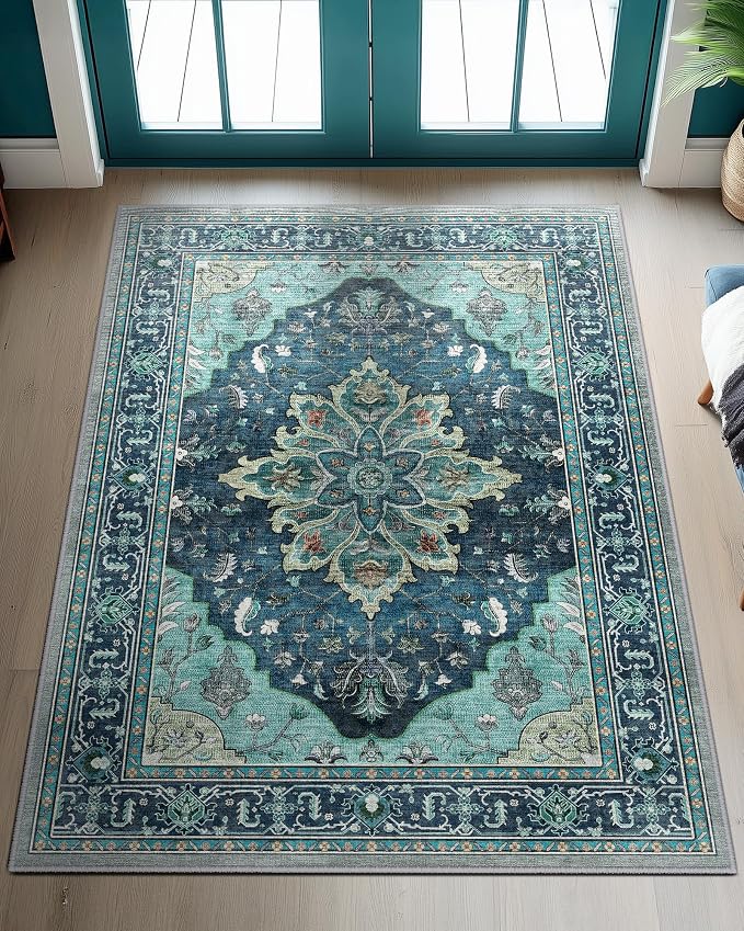 RELEANY Area Rugs 3'x4' Washable Non-Slip, Floral Vintage Distress Print by RELEANY