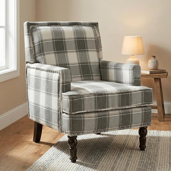 Plaid Accent Chair, Mid-Century Modern Armchair, Upholstered Decorative Reading - Image 9