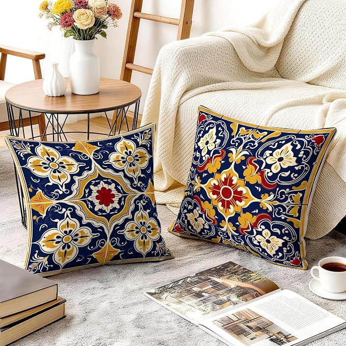 OBSEDE Throw Pillow Covers Set of 4, 18x18 Inch Blue and Yellow Mediterranean - Image 6