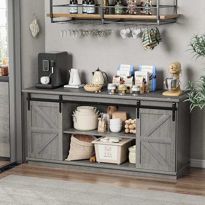 Shahoo Farmhouse Sideboard Buffet Cabinet, Coffee Bar Storage - Image 3