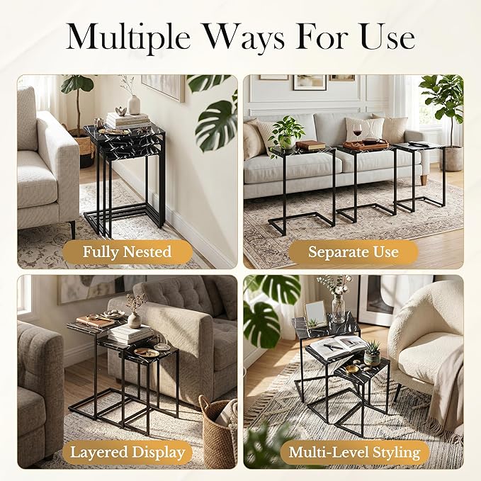 SUPER DEAL Nesting Tables Set of 3, Industrial C Shaped End Table Stackable - Image 4