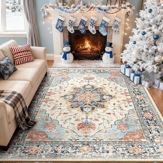 RELEANY Area Rugs 9'x12' Washable Non-Slip, Floral Vintage Distress Print - Image 3