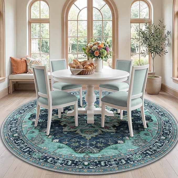 RELEANY Area Rugs Round 7ft Washable Non-Slip, Floral Vintage Distress Print by RELEANY