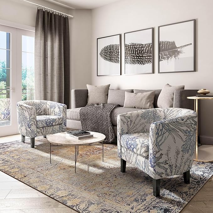 BELLEZE Living Room Chairs Set of 2, Linen Round Accent Barrel Chairs, Club Tub - Image 6