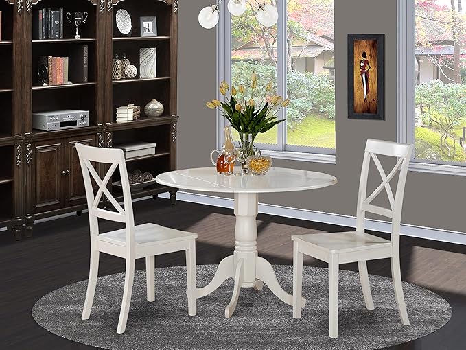 East West Furniture DLBO3-WHI-W 3 Piece Dining Room Table Set Contains a Round - Image 2
