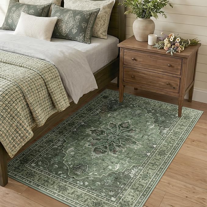 RELEANY Area Rugs 3'x4' Washable Non-Slip, Floral Vintage Distress Print by RELEANY